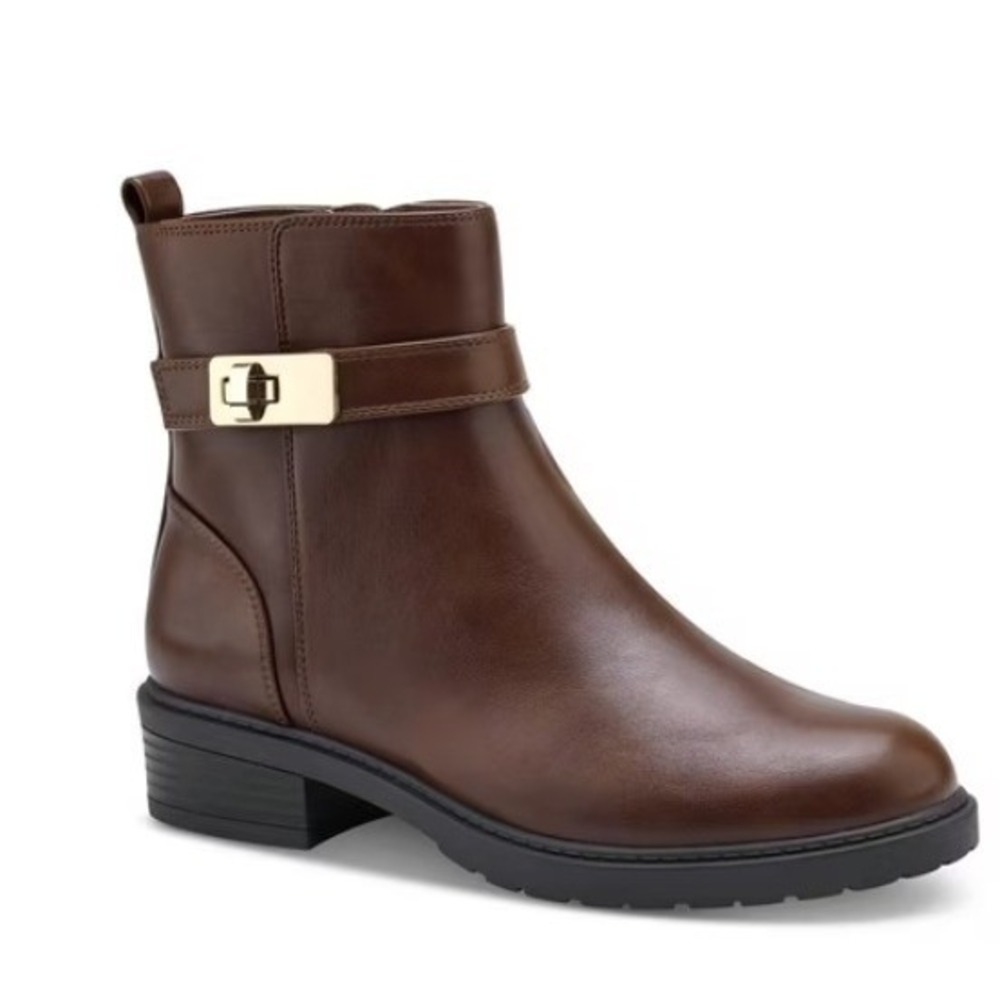 Gianni Bernini Brown Short Gold Buckle Strap Ankle Boots Booties Women's 6.5 NEW